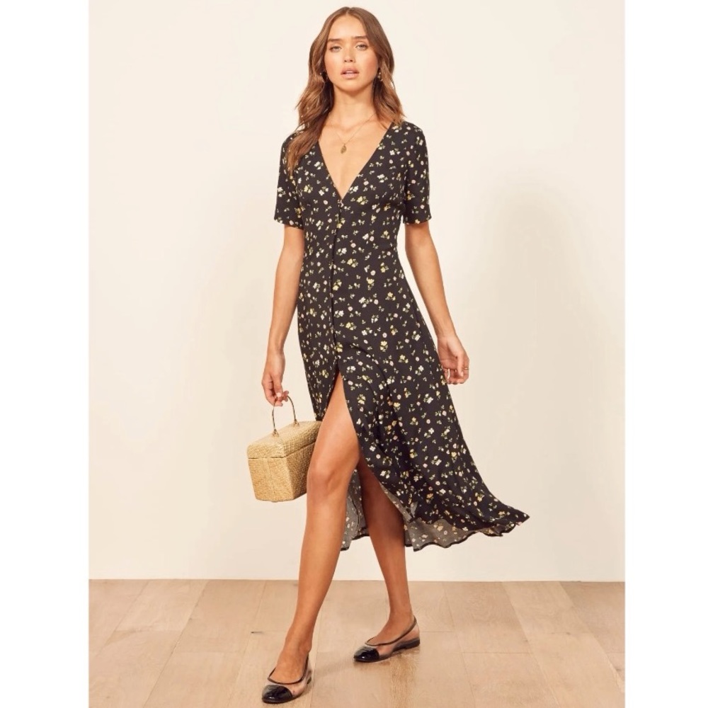 Reformation Locklin Midi Dress with Black and Yellow Floral Print